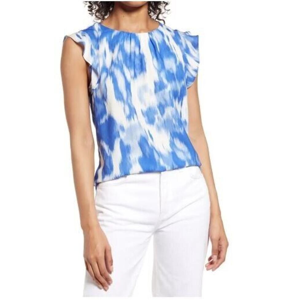 Halogen Blue and White Watercolor Print Flutter Sleeve Blouse